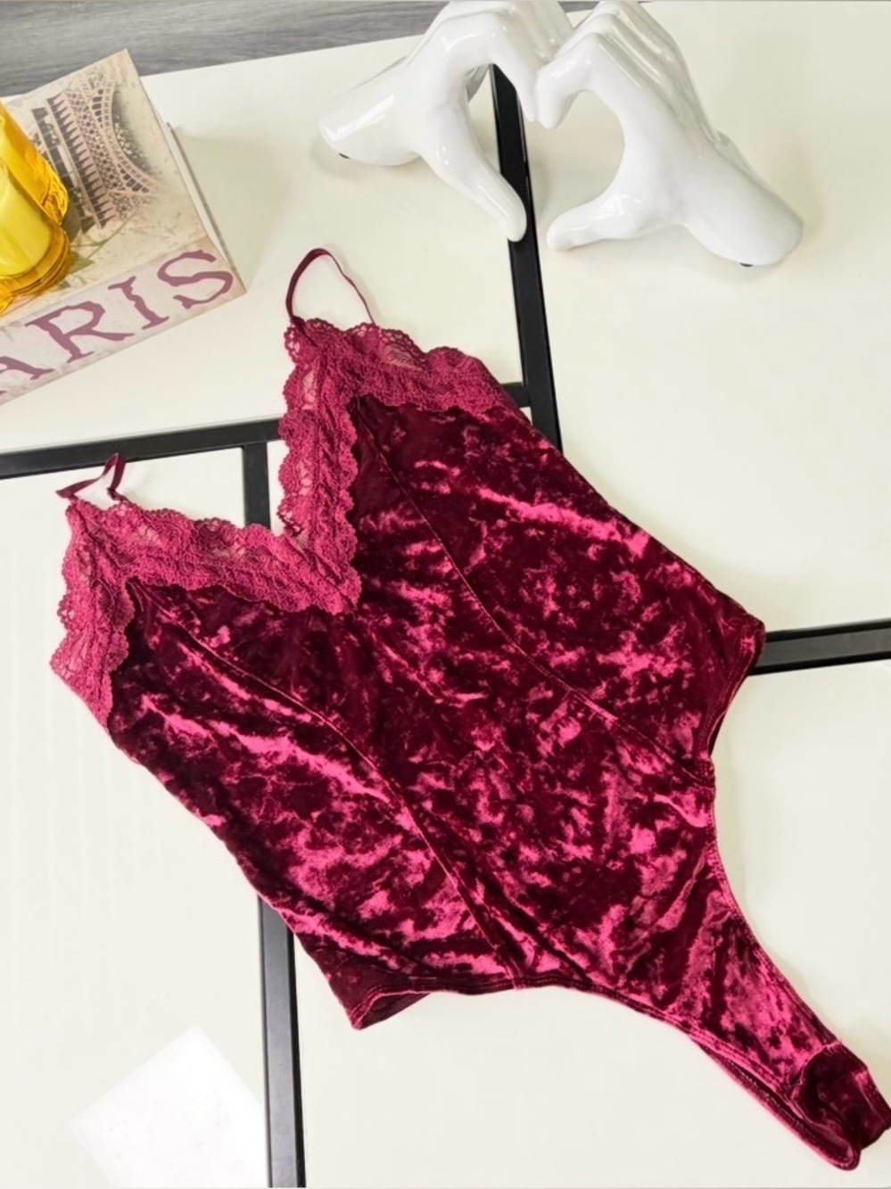 Bozzolo Burgundy Crushed Velvet Lace-Trim Bodysuit (Size L) ✨